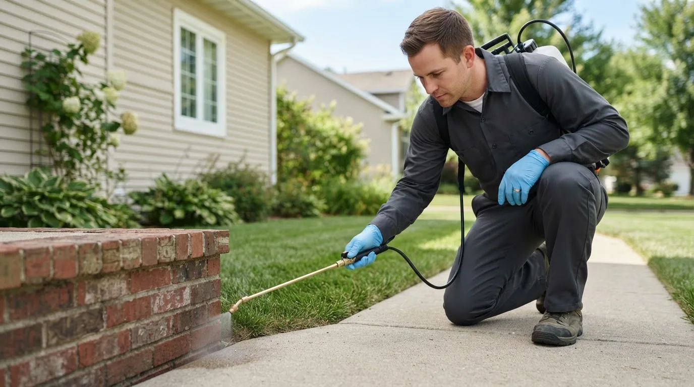 Pest control technician treating a home near Blanchardville, WI