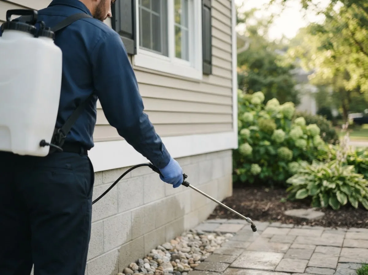 Pest control technician inspecting a home in Blanchardville, WI
